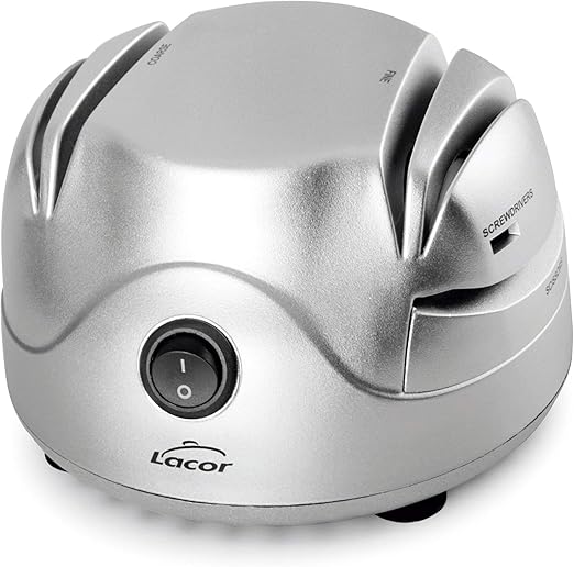 LACOR 69141 Afilador de Cuchillos Eléctrico, Cuatro ranuras con ventosa, Afila Cuchillos, Tijeras, Destornilladores, Seguro y fácil de usar, Potencia 60W, Pequeño y Compacto, Gris, 13 x 15 x 10 cm