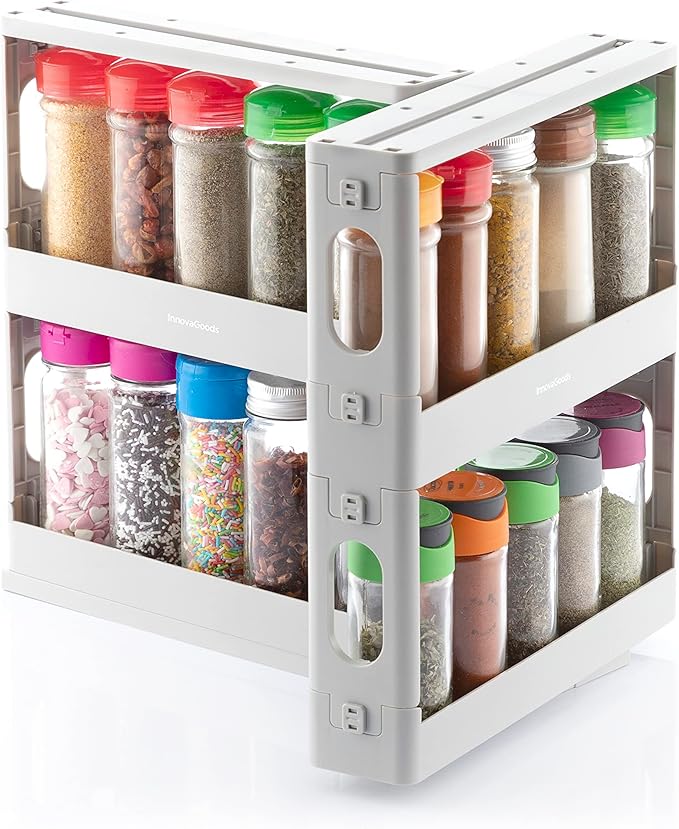 InnovaGoods - Organizador de Especias Deslizante y Pivotante Rispick, Capacidad para 20 Botes, Diseño Ergonómico, Multiusos y Adaptable, Estantes Deslizantes con Rotación 90°, 1 Unidad, Polipropileno