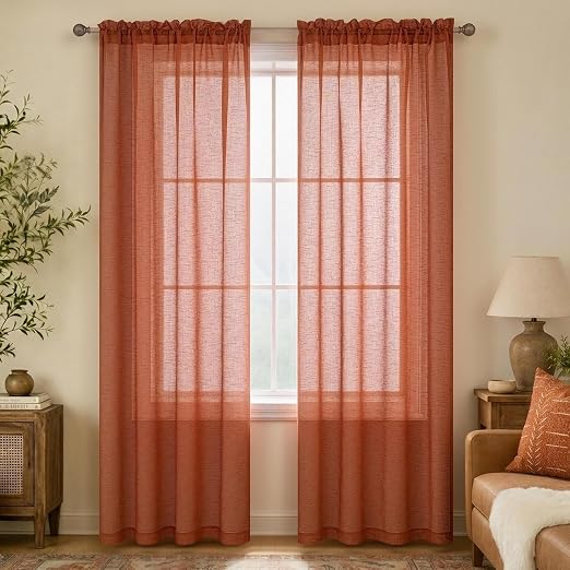 Terrakotta-Vorhänge, halbtransparent, 213 cm lang, para Wohnzimmer, 2 Paneele, Stangentasche, Fensterdekoration, Kunstleinen, lichtfilternd, strukturiert, rostrot, Vorhänge para Schlafzimmer, 132 x 213