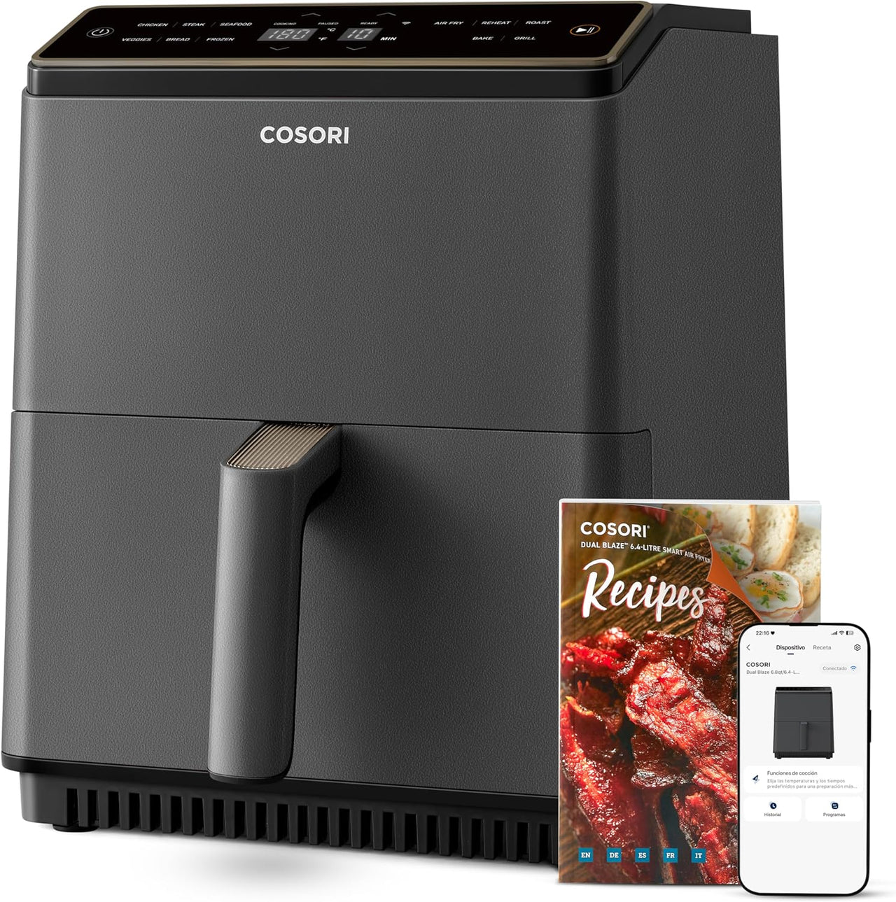 Cosori Freidora de Aire Wifi 6,4 L, Air Fryer con Doble Resistencia, 60+ Recetas de App Creadas por Chef en Español, Freidora sin Aceite con 12 Programas, Blanca, Dual Blaze