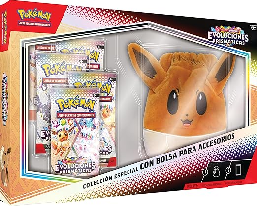 Pokémon: Colección Especial con Bolsa para Accesorios de Escarlata y Púrpura-Evoluciones Prismáticas de JCC Pokémon (5 Paquetes de Mejora y una Bolsa para Accesorios)