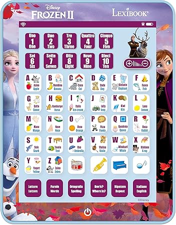 Lexibook JCPAD002FZi5 Frozen Educativo Bilingüe Interactivo Tableta, Juguete para Aprender Letras Números Palabras Ortografía y Música Idiomas Inglés/Italiano, Azul