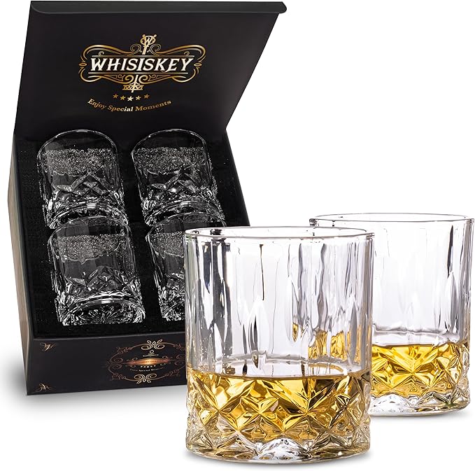 Whisiskey Set de Vasos de Whisky - Set de Regalo de Whisky - Vaso Whisky - Regalos Originales para Hombres - Caja de Regalo, 4 Vasos de Whiskey x 310ML