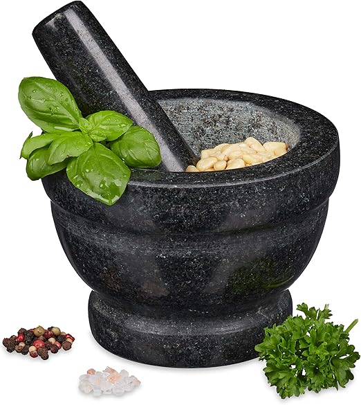 Relaxdays Granit Mörser mit Stößel, robust & langlebig, Gewürze, Kräuter, polierter Steinmörser, Ø 14 cm, 400 ml, grau, 10 x 14 x 14 cm