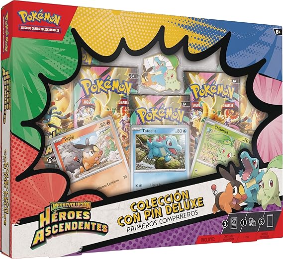 Pokémon: Colección con Pin Deluxe Primeros Compañeros de Megaevolución-Héroes Ascendentes (3 Cartas holográficas de promoción, 1 Pin Deluxe y 5 Sobres de Mejora)