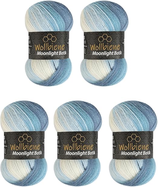 Wollbiene Moonlight Batik 5 ovillos de 100 g, 500 gramos, para tejer y ganchillo, 20% lana turca, degradado (5500 azul y blanco)