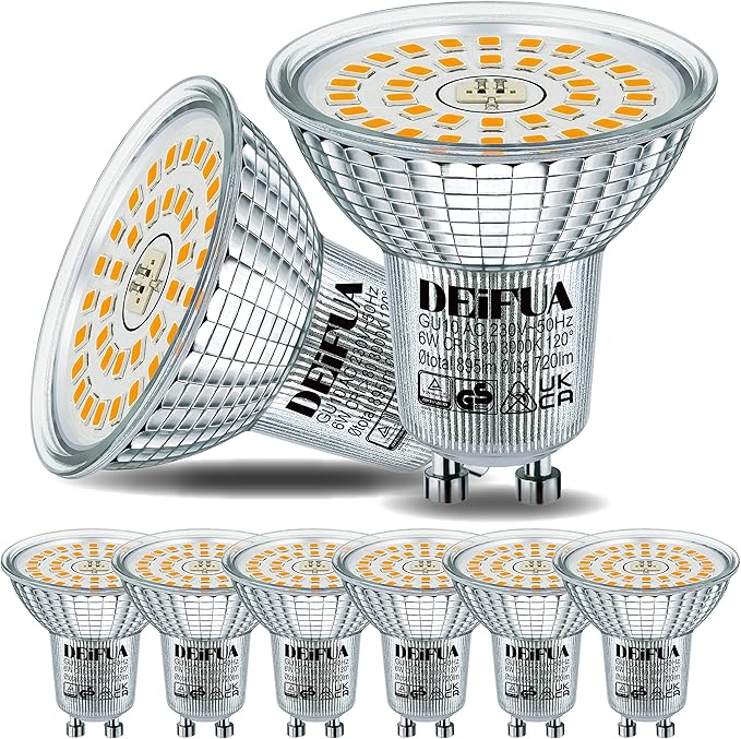 DEIFUA GU10 Bombilla LED Blanca Cálida 3000K 895 Lúmenes 6W Equivalente 100W Halógena, Caja de 6 unidades, AC 230V Sin Parpadeo Foco PAR16, Lámpara Reflectora Haz Ancho de 120°, No Regulable