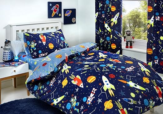 Bedlam - Supersonic - Juego de Funda de edredón Que Brilla en la Oscuridad, tamaño de Cama Junior, Ropa de Cama Azul