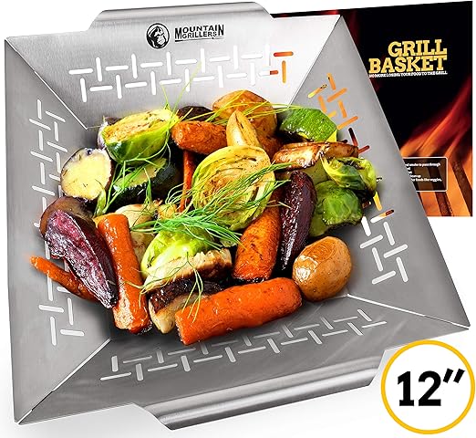 Cesta para parrilla vegetariana – Cesta para parrilla de verduras resistente para carne de pescado y camarones, apta para todas las parrillas, barbacoa y ahumadores, acero inoxidable, 12 pulgadas