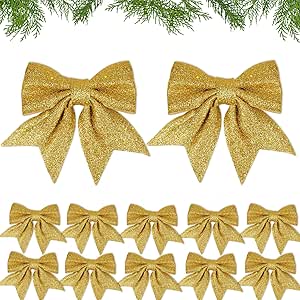 12pcs Lazos Dorados para Árbol de Navidad 15cm con Purpurina Decoración Navidad Adornos Navideños