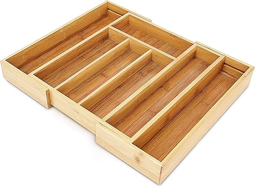 Relaxdays Cubertero Cajón Cocina, 5x43x34 cm, Extensible, 5 a 7 Compartimentos, Bandeja Cubiertos, Bambú, Marrón Natural