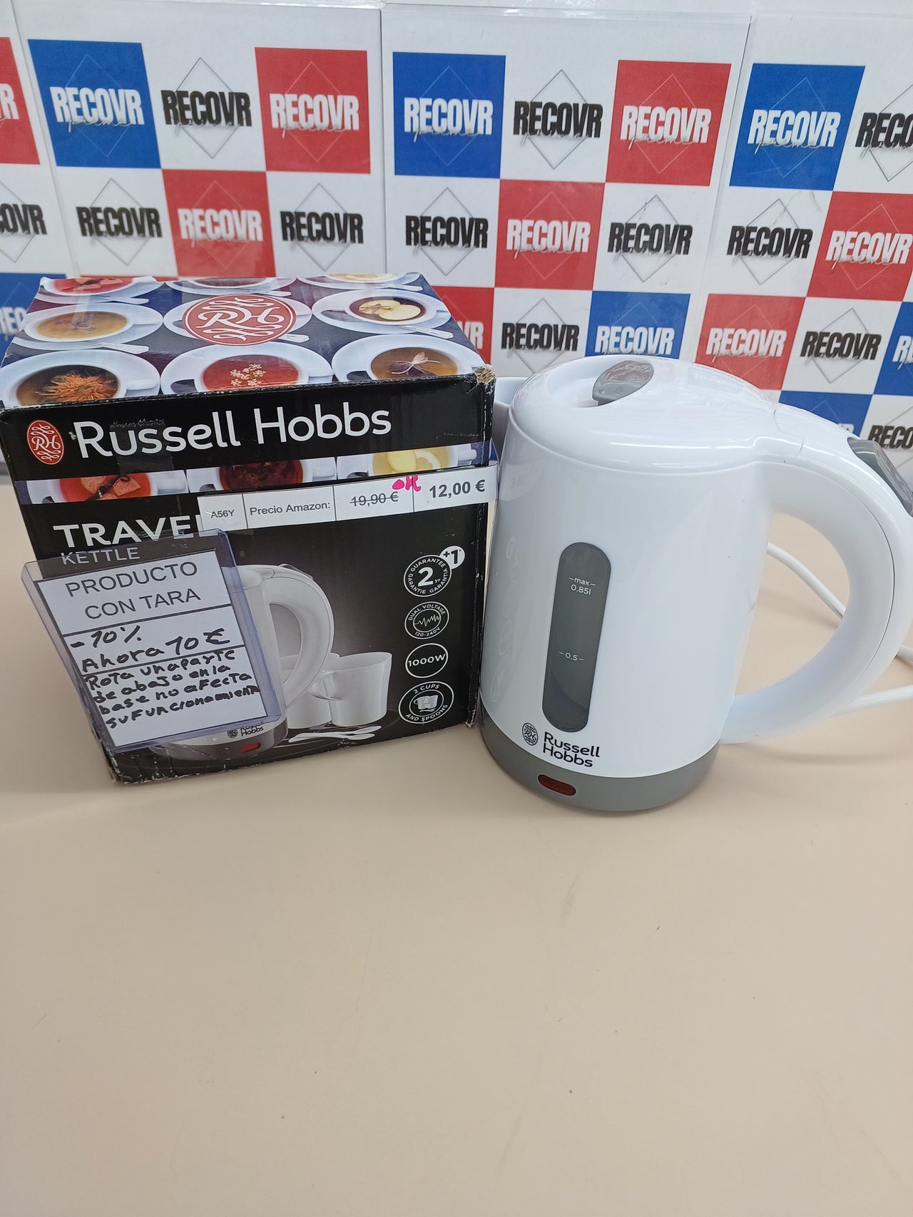 Hervidor Agua Eléctrico Travel  0,85 litros, 1000 W, Hervidor Viaje, 2 Tazas y Cucharas, Filtro Extraíble, Indicador Nivel Agua, Plástico, Russell Hobbs.