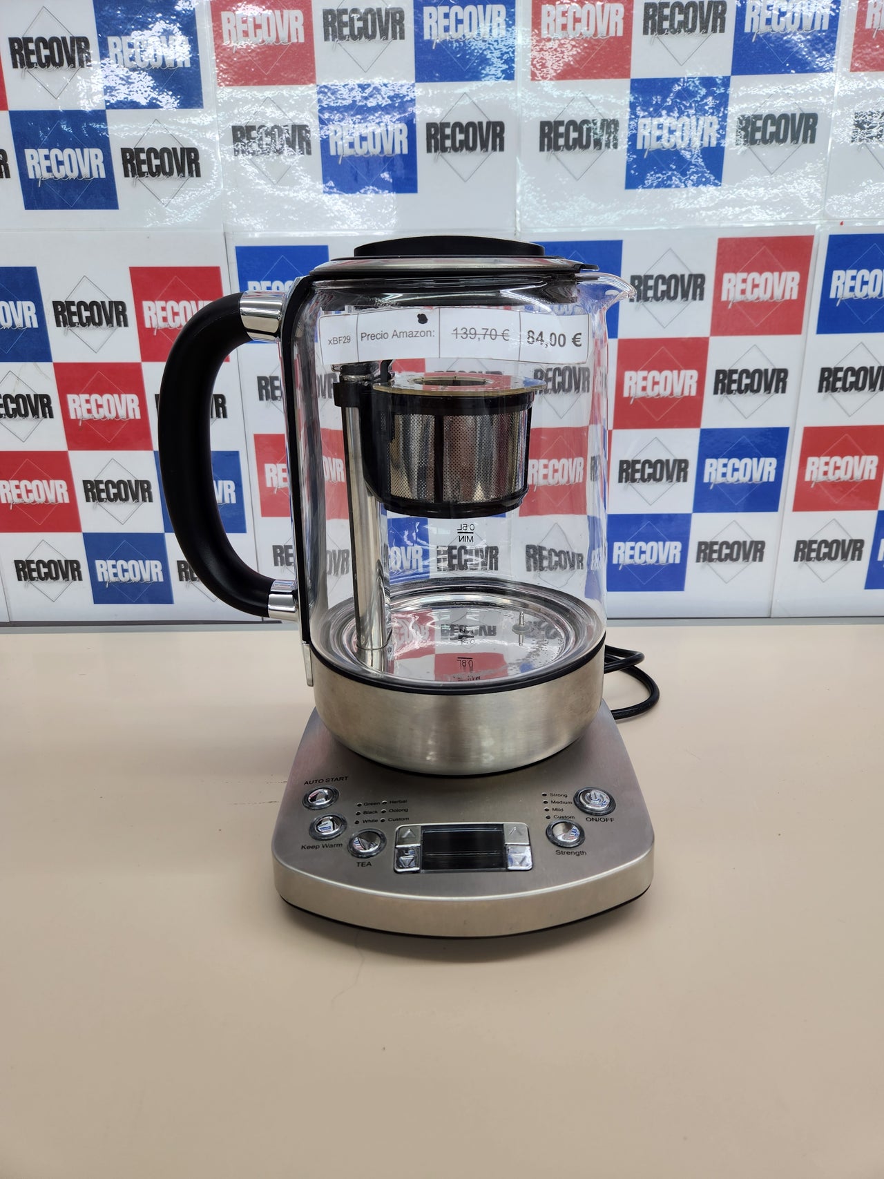 Tetera de vidrio 2200 W 1.7L con colador de té completamente automático de grado 1.3, vidrio de borosilicato de cierre suave, sin BPA,  selección de temperatura de volumen, negro/plateado Emerio WK-122248 Ganador de la prueba