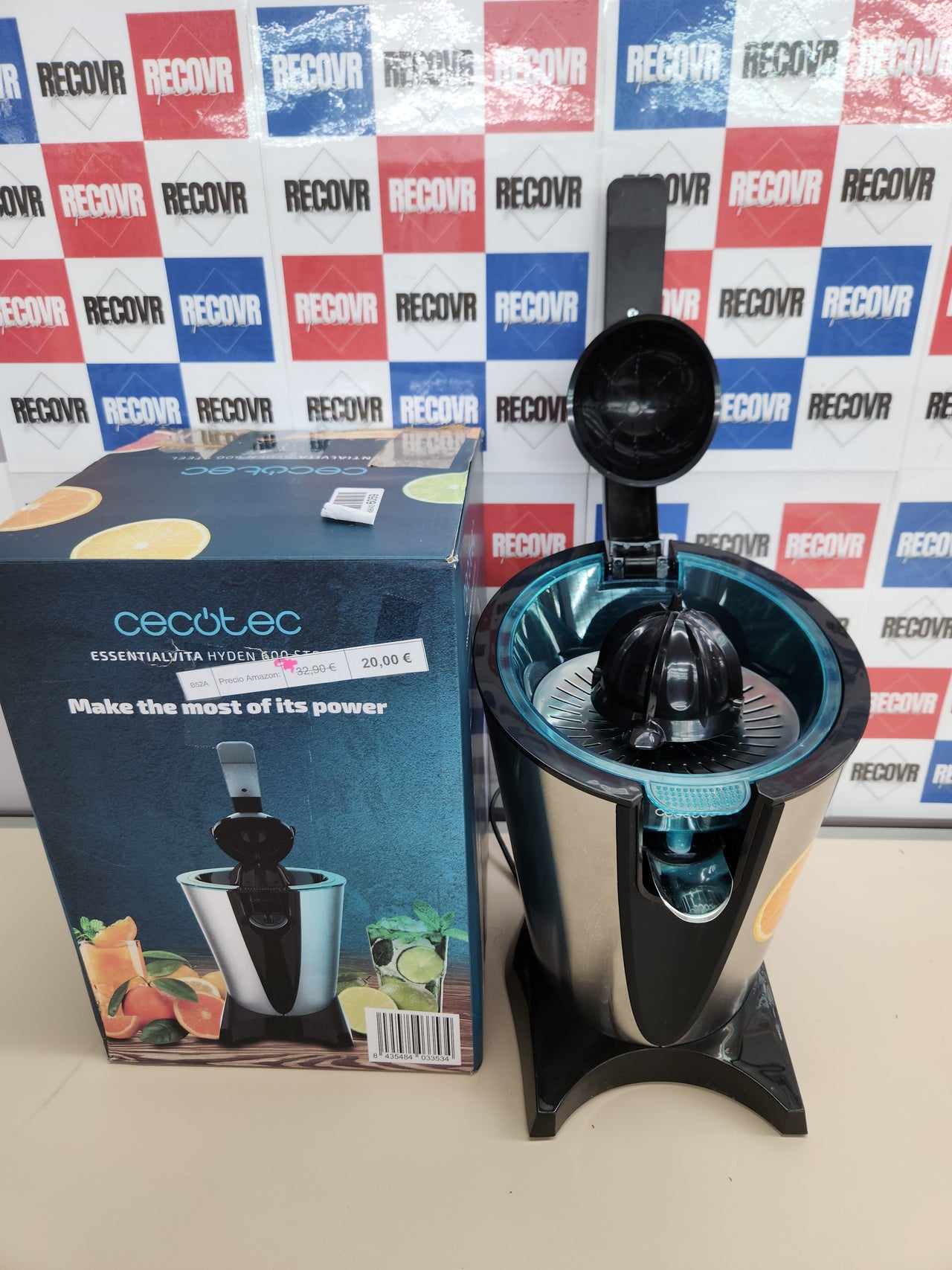 Exprimidor 600W eléctrico de brazo EssentialVita Hyden 600 Steel.Filtro de acero inoxidable, 2 Conos desmontables, Palanca de presión, Sistema antigoteo, Apto lavavajillas Cecotec