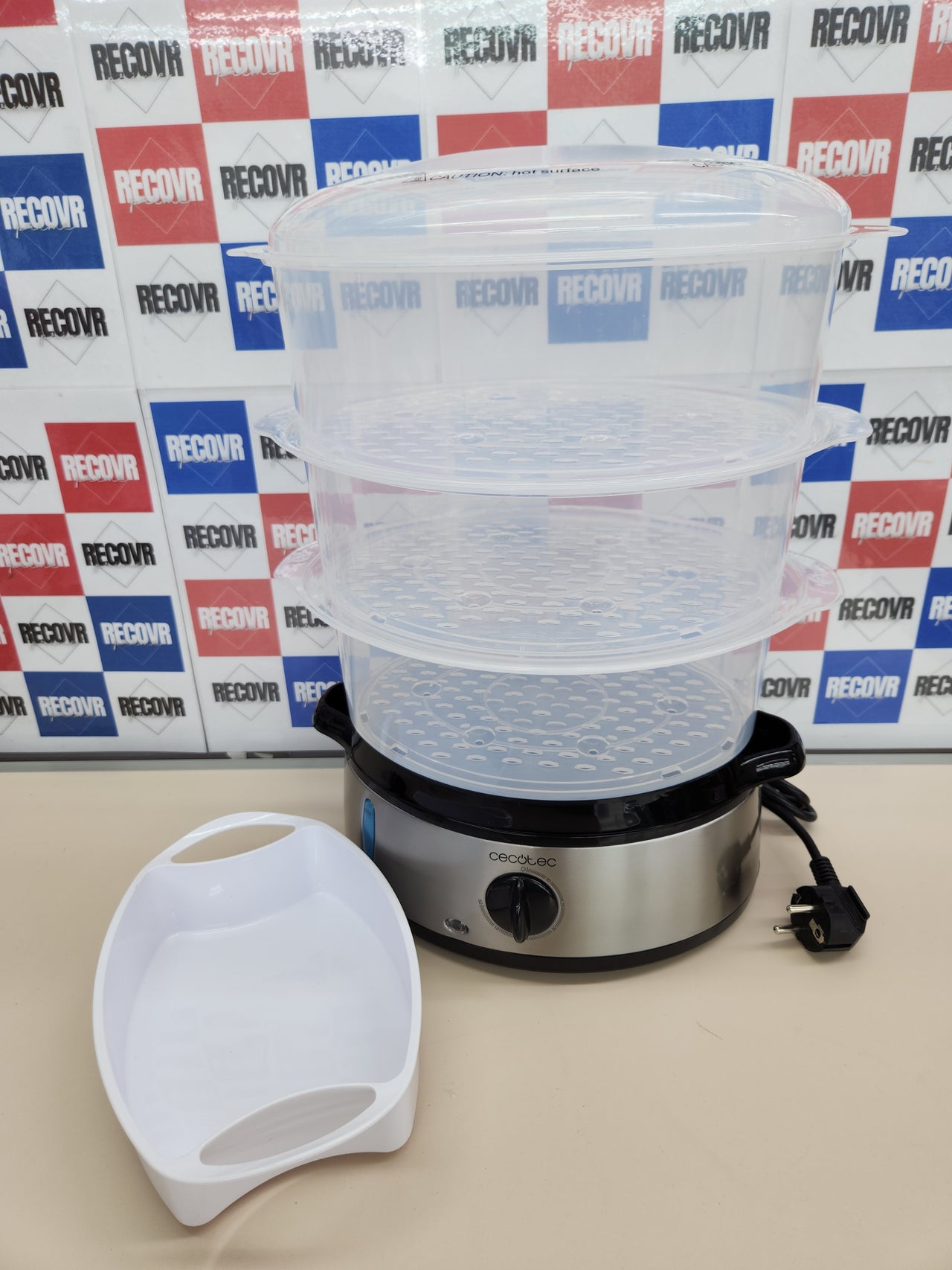Vaporera 800 W, 60 minutos temporizador, eléctrica Vapovita 3000 Inox, 3 recipientes Independientes, Cuenco para Preparar arroz, Soportes para cocer Huevos, 2 entradas Laterales de Agua, Gris,  Cecotec