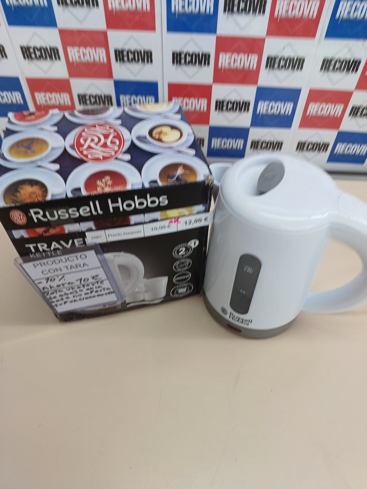Hervidor Agua Eléctrico Travel  0,85 litros, 1000 W, Hervidor Viaje, 2 Tazas y Cucharas, Filtro Extraíble, Indicador Nivel Agua, Plástico, Russell Hobbs.