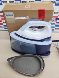 Centro planchado 2400W Serie 3000, vapor continuo 120 g/min, golpe de vapor 350 g, rápido y potente, vapor vertical, 1.4 l de depósito, suela de cerámica, Deep Azur (PSG3000/20) Philips