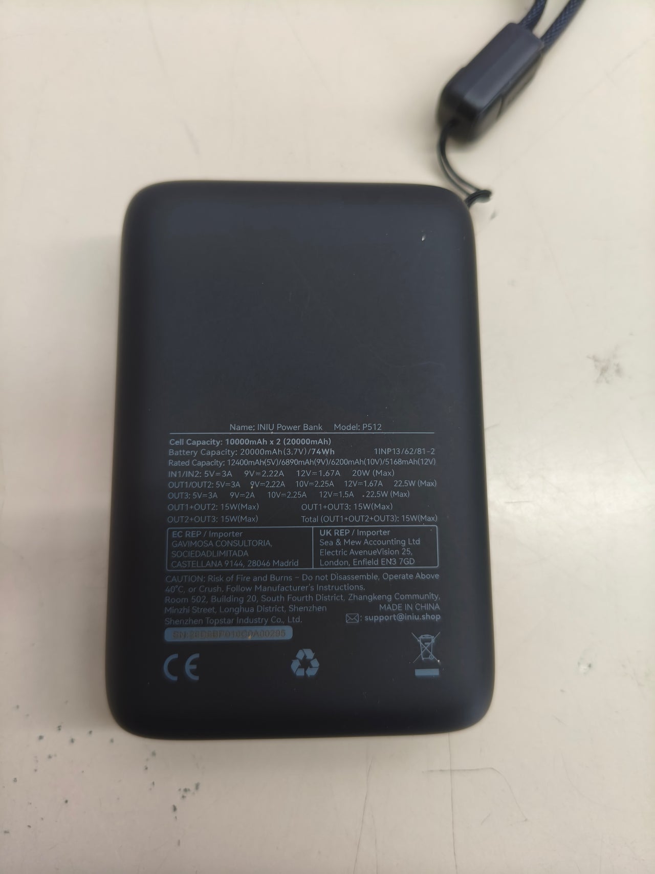 Power bank INIU de 20.000 mAh y 22,5 W, con cable USB-C