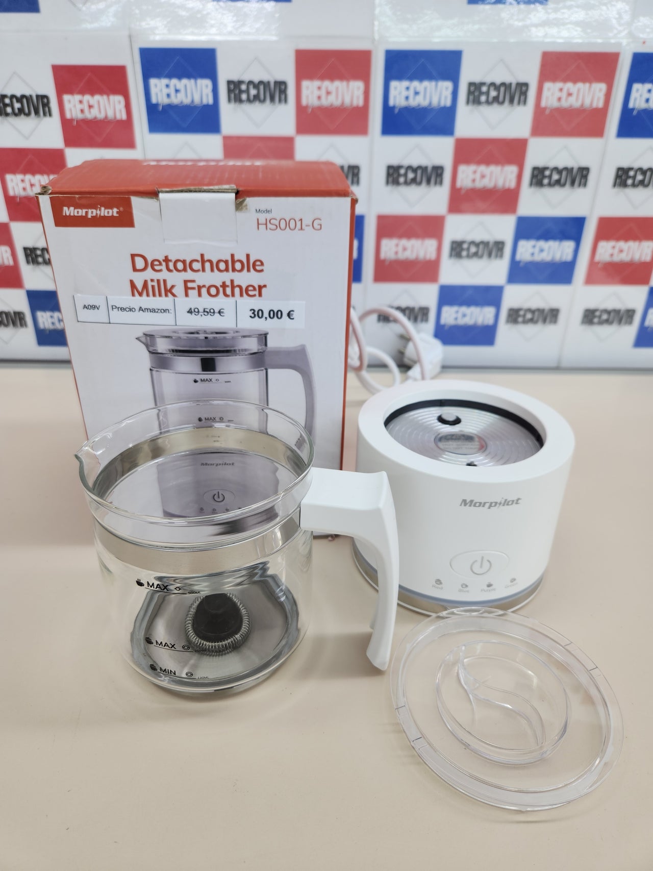 Espumador 50 ml 4 en 1 función,de leche eléctrico, Milk Frother de cristal, bonito para ver, 2apuchino o 300 ml leche caliente, diseño dividido, blanco Morpilot