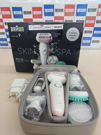 Thumbnail for Braun Silk-épil 9 SkinSpa - Set todo en uno, depiladora para mujer, depiladora de larga duración, cabezal de afeitado, cabezal de masaje, color blanco y rosa