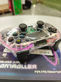 NK Mando para PS4 / PC/Android - Inalámbrico Controller con Vibración, 6 ejes, 2 botones MACRO, 7 Modos de Luz LED, Panel Táctil, Entrada para Auriculares, Cable de Carga incluido - Negro Transparente