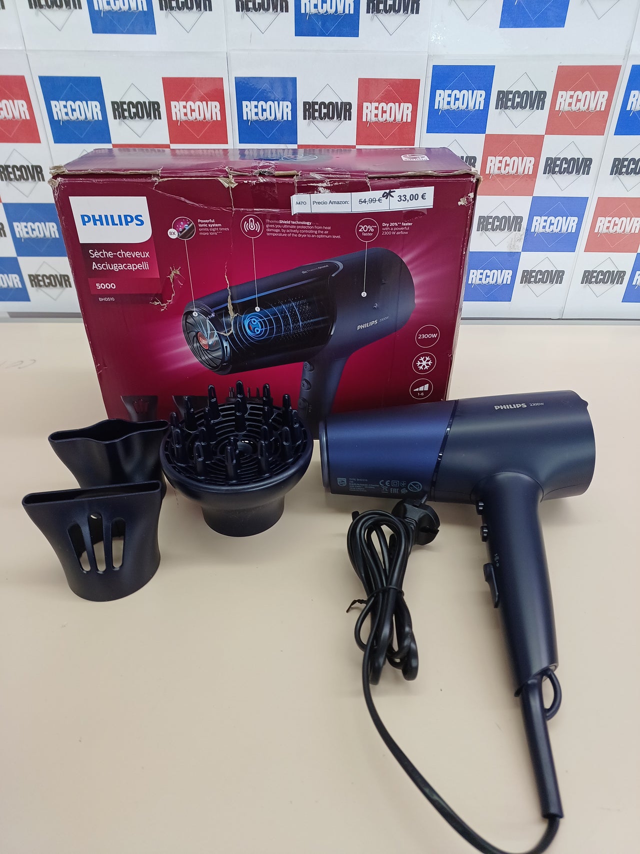 Philips Secador de Pelo Serie 5000, 2300w, con Tecnología ThermoShield, Boquilla UltraEstrecha, Boquilla Estrecha y Disfusor, BHD510/20, Negro