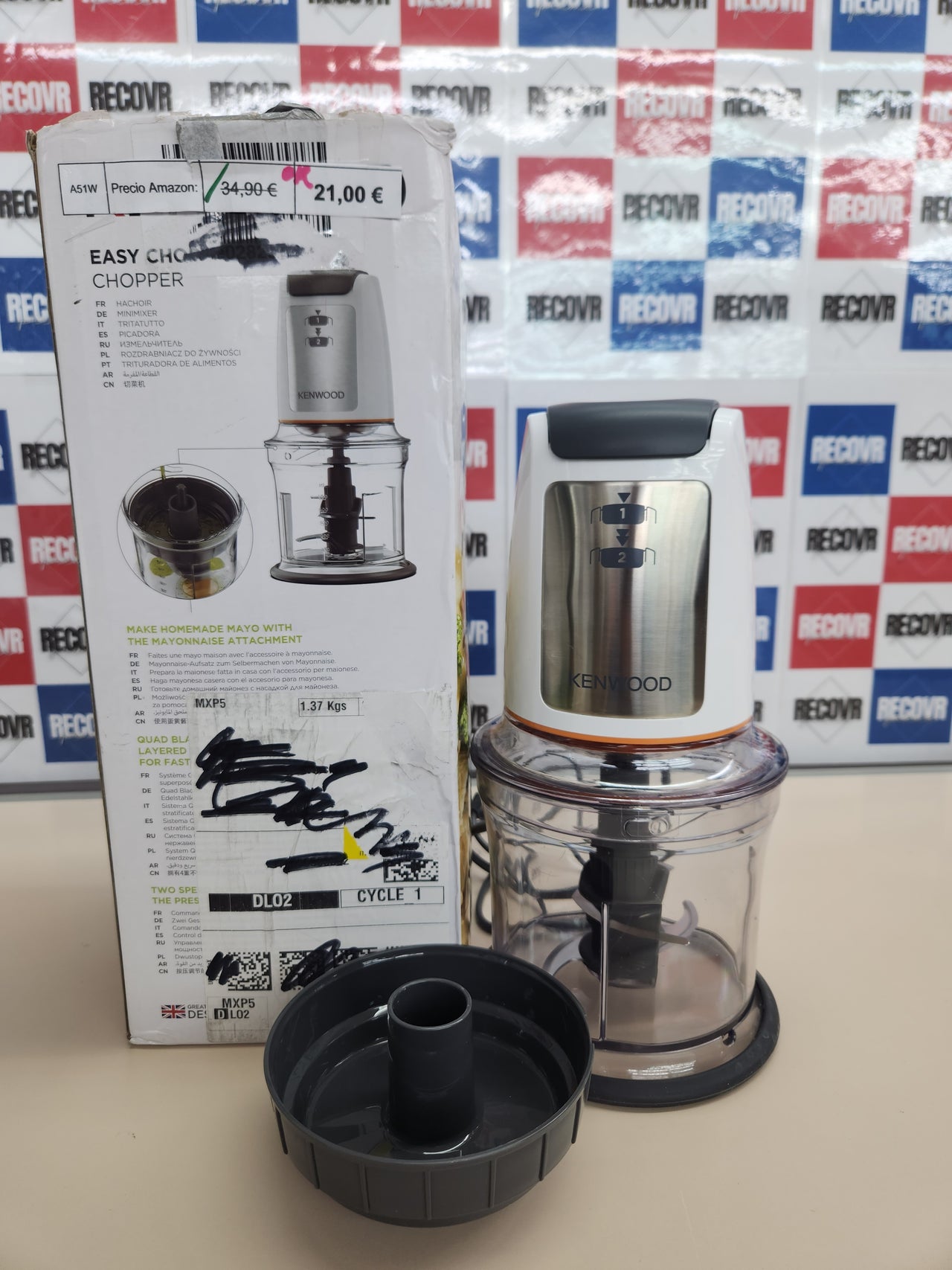 Picadora 500W, 0,5L, 2 Velocidades,con Recipiente  Cuatro Cuchillas, Anillo Antideslizante para Mayor Estabilidad, Apta para Lavavajillas, Blanca CHP61.100WH Kenwood Easy Chop