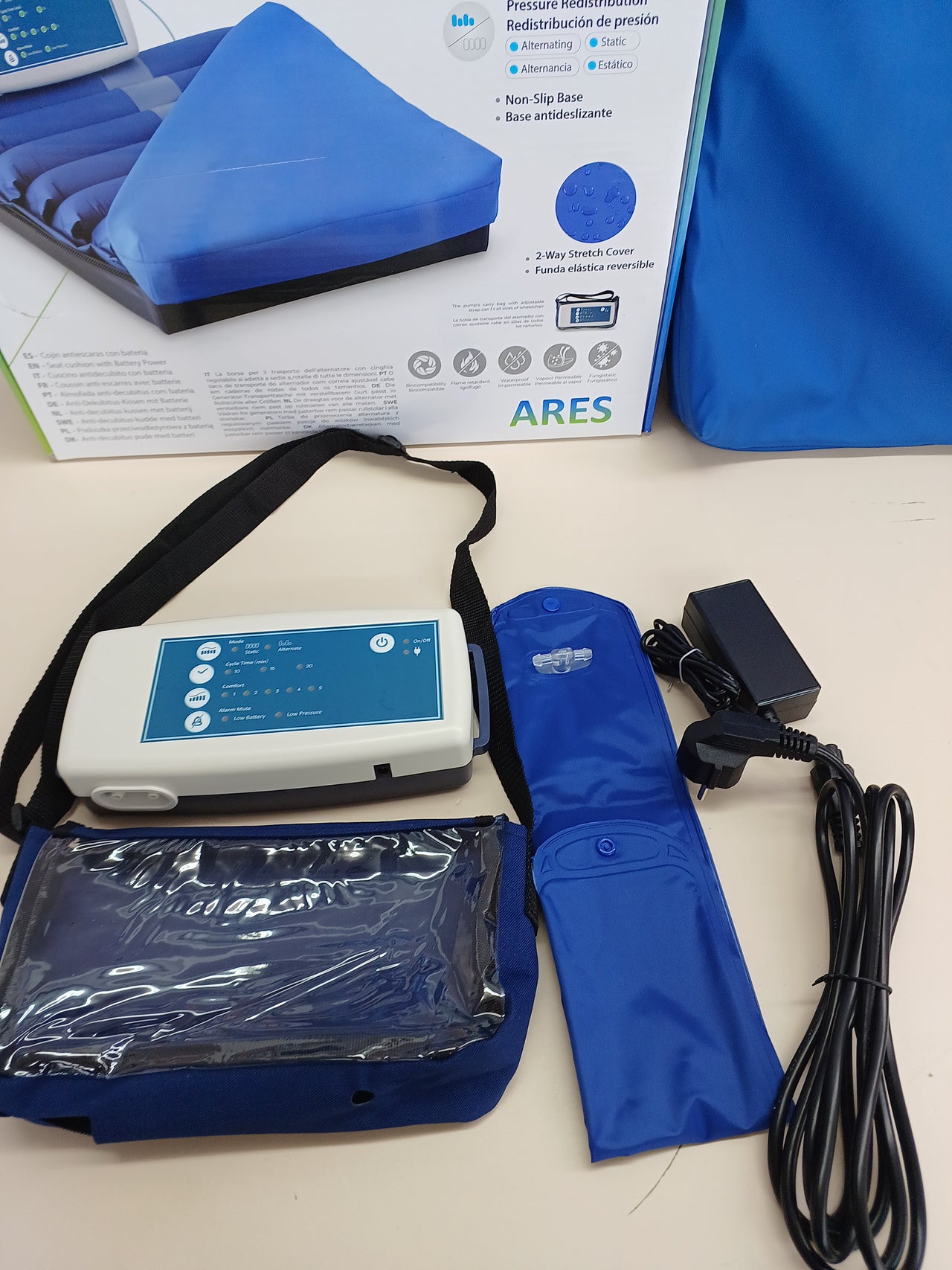 Mobiclinic Pro, Cojín antiescaras, De Aire, Ares, Marca española, con compresor Regulable, Alternancia Celdas, Funda Impermeable, Silla Oficina, Lumbar, para Ruedas, Azul