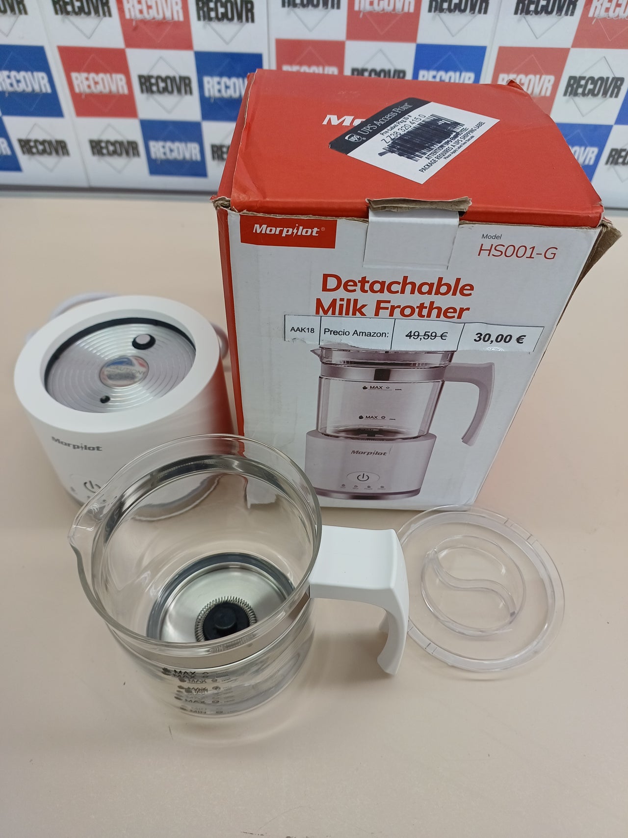 Morpilot Espumador de leche eléctrico, Milk Frother de cristal, bonito para ver, 4 en 1 función, capacidad 250 ml capuchino o 300 ml leche caliente, diseño dividido, blanco
