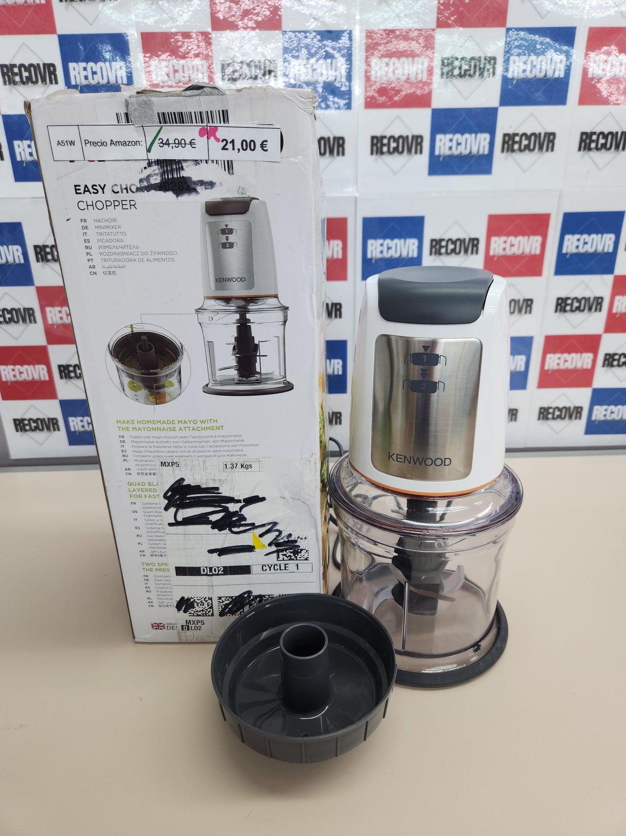 Picadora 500W, 0,5L, 2 Velocidades,con Recipiente  Cuatro Cuchillas, Anillo Antideslizante para Mayor Estabilidad, Apta para Lavavajillas, Blanca CHP61.100WH Kenwood Easy Chop