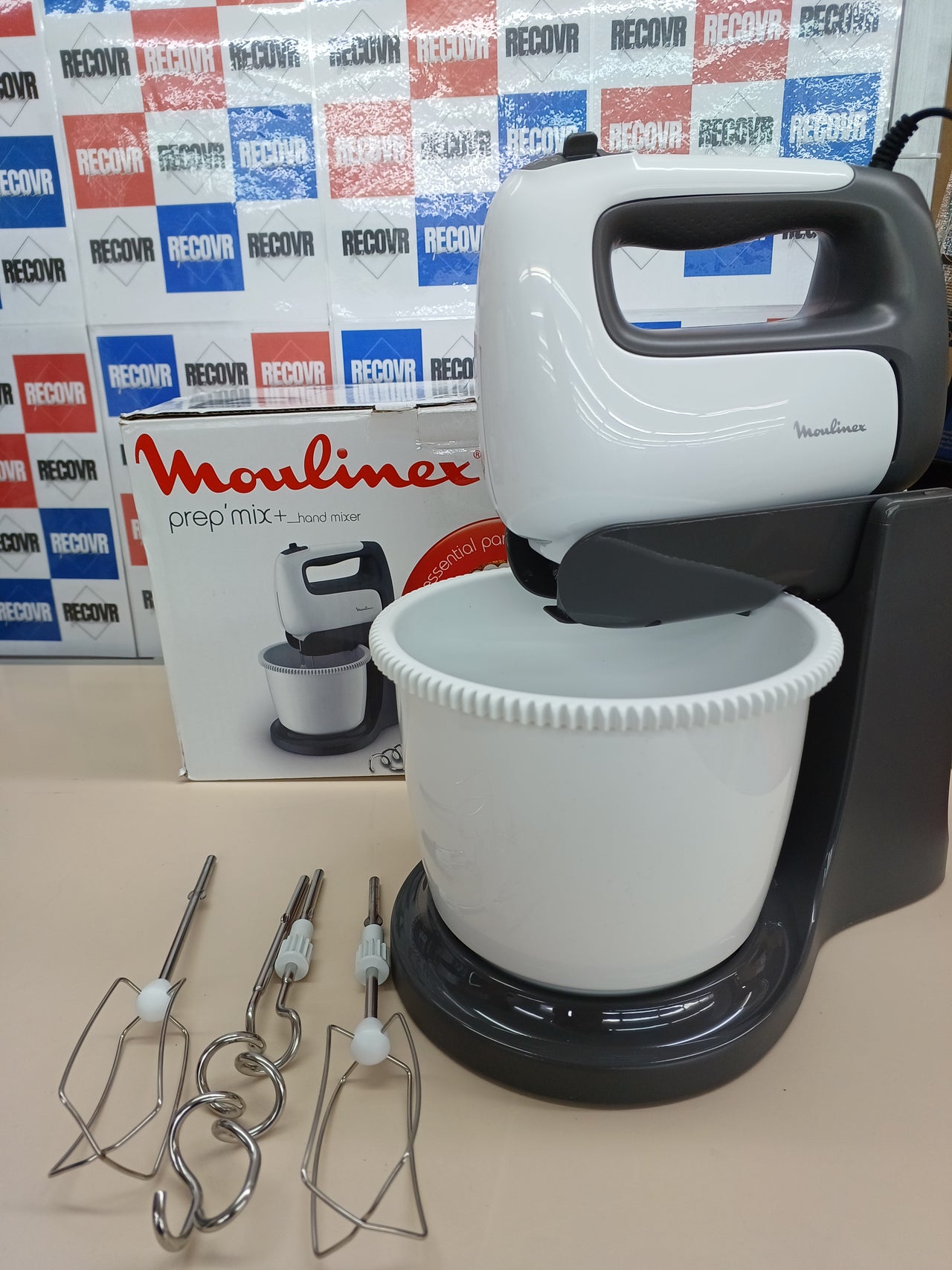 Batidora 2,5 L, 5 velocidades eléctrica, con varillas y ganchos amasadores de acero inoxidable para mezclar, batir y montar, recipiente autoajustable  y ajuste turbo Moulinex