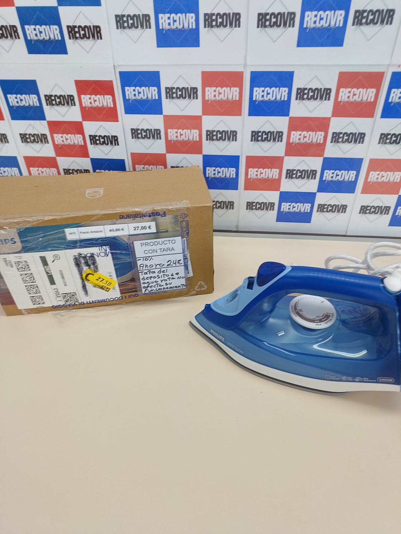 Plancha de vapor , 2400 W, potencia de vapor constante de 40 g/min, golpe de vapor de 180 g, suela de cerámica, vapor vertical, color azul. Philips 3000 Series