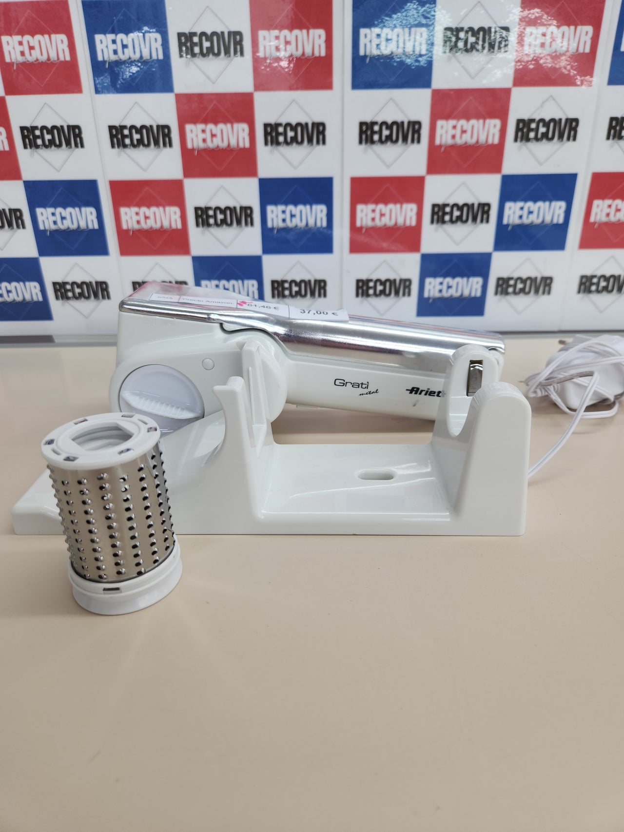 Rallador Queso 1500 mAh, inalámbrico, 2 Rodillos de Acero Inoxidable incluidos, 1 kg de Queso con Recambio, Rallador para Muchos Ingredientes,  Blanco Ariete Gratì Metal 44,