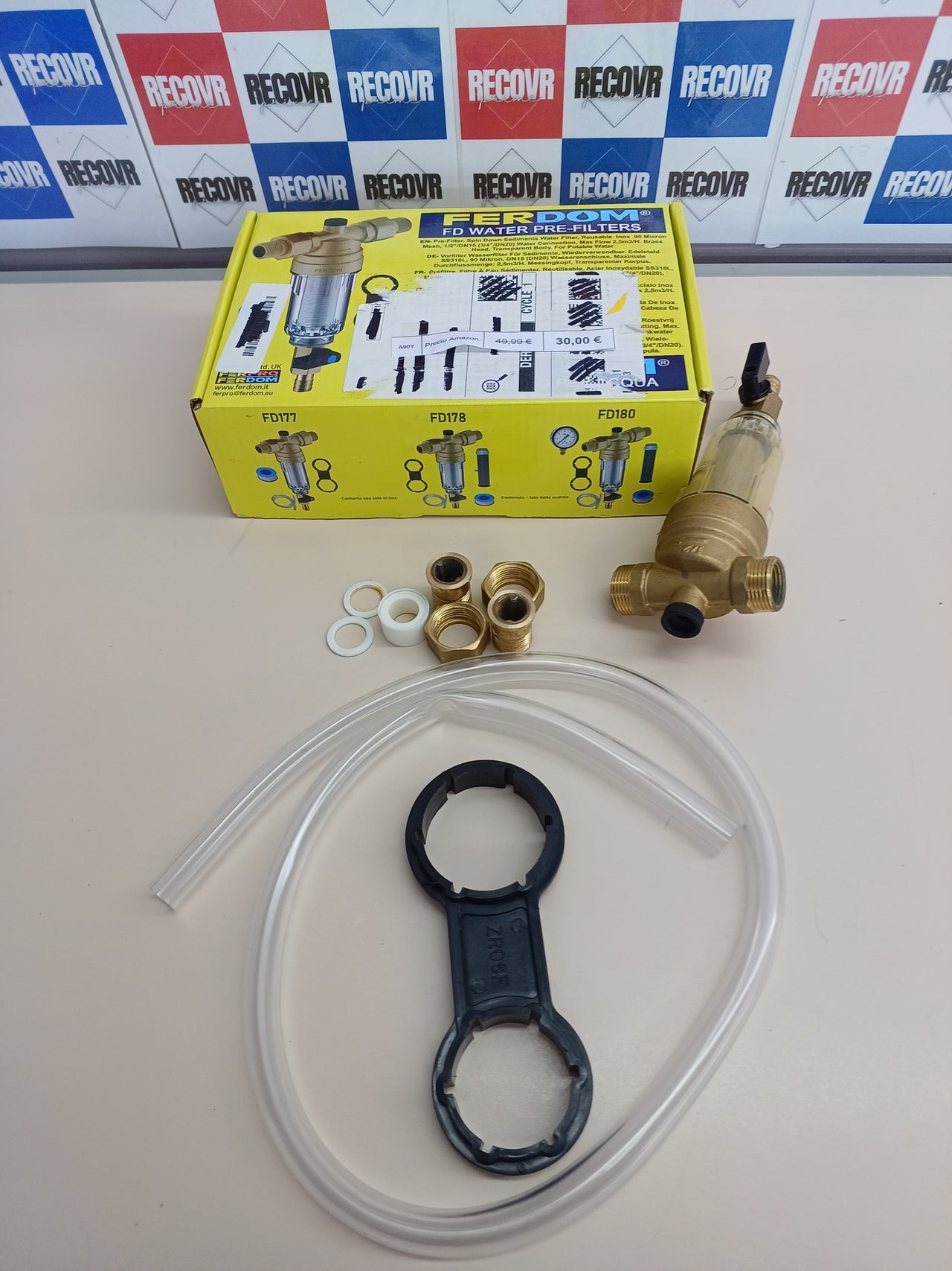 Prefiltro de Agua Reutilizable con Malla de Acero Inoxidable 90 Micras, Cabezal de Latón, Conexión 1/2" y 3/4"FERDOM FD177