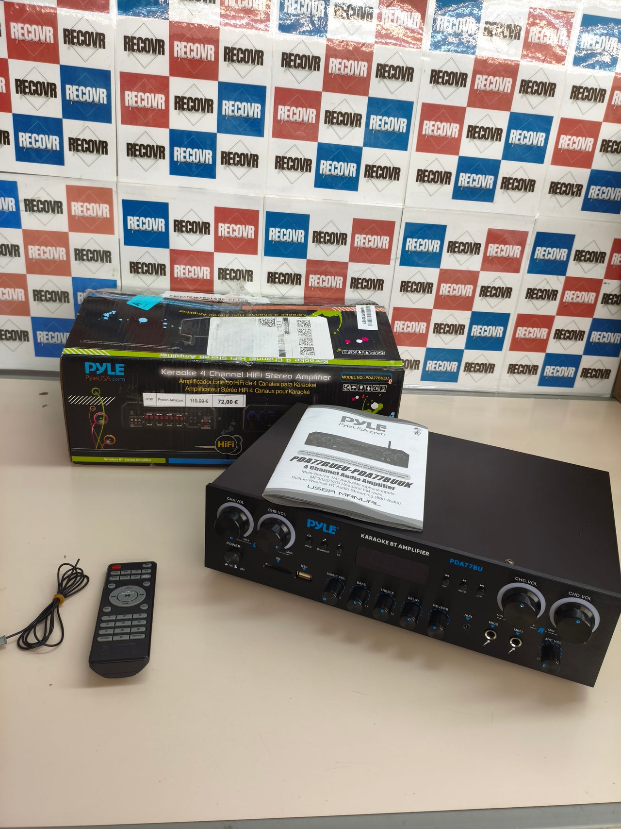 Pyle, amplificador estéreo 800W, Bluetooth, 4 canales, USB/SD/FM