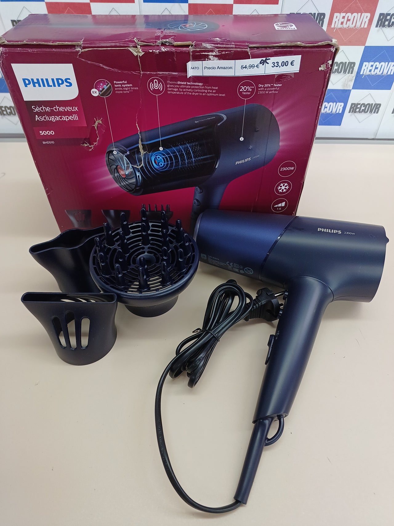 Philips Secador de Pelo Serie 5000, 2300w, con Tecnología ThermoShield, Boquilla UltraEstrecha, Boquilla Estrecha y Disfusor, BHD510/20, Negro