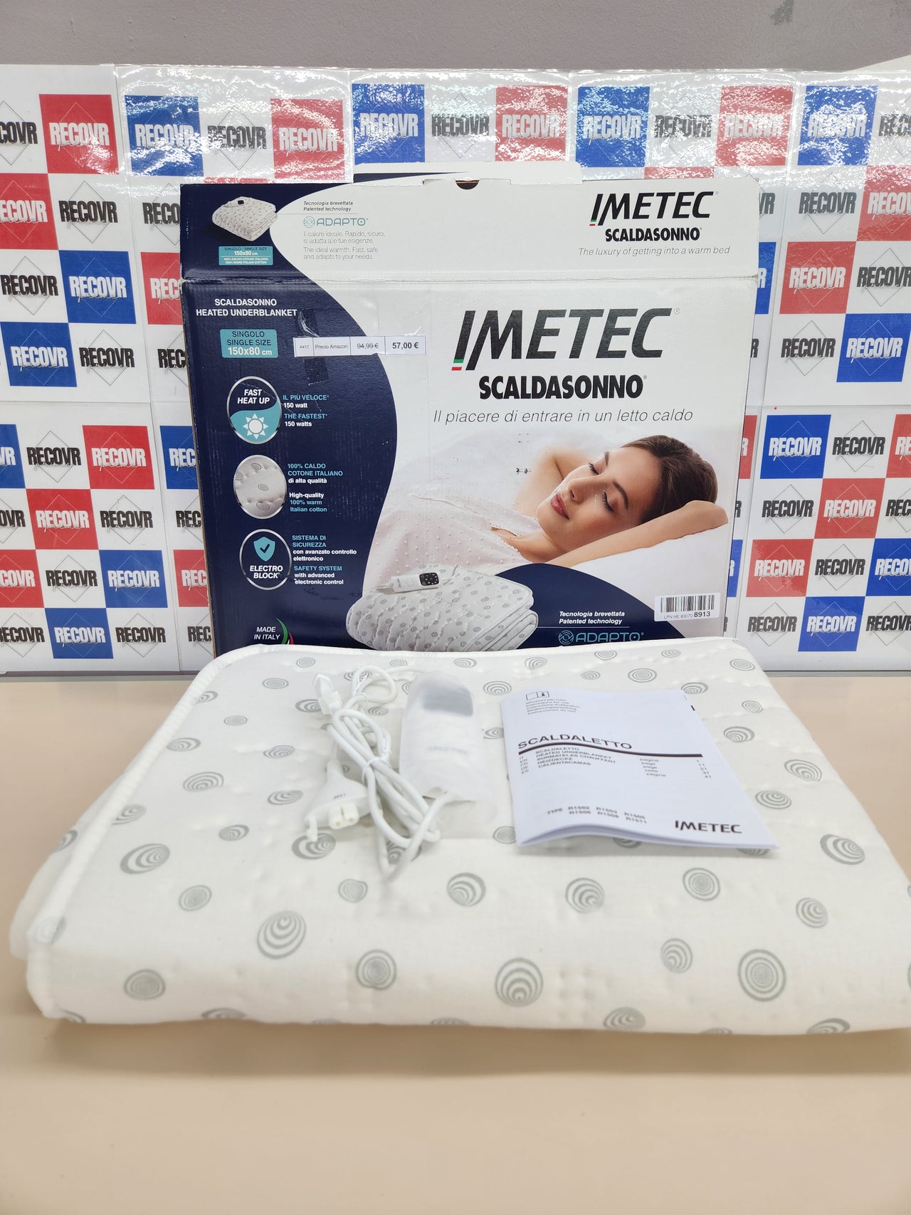 Imetec Adapto Calientacamas individual 150x80 cm, 100% algodón, tecnología patentada, rápido calentamiento, sistema de protección Electro Block, 2 mandos con 6 niveles de temperaturas