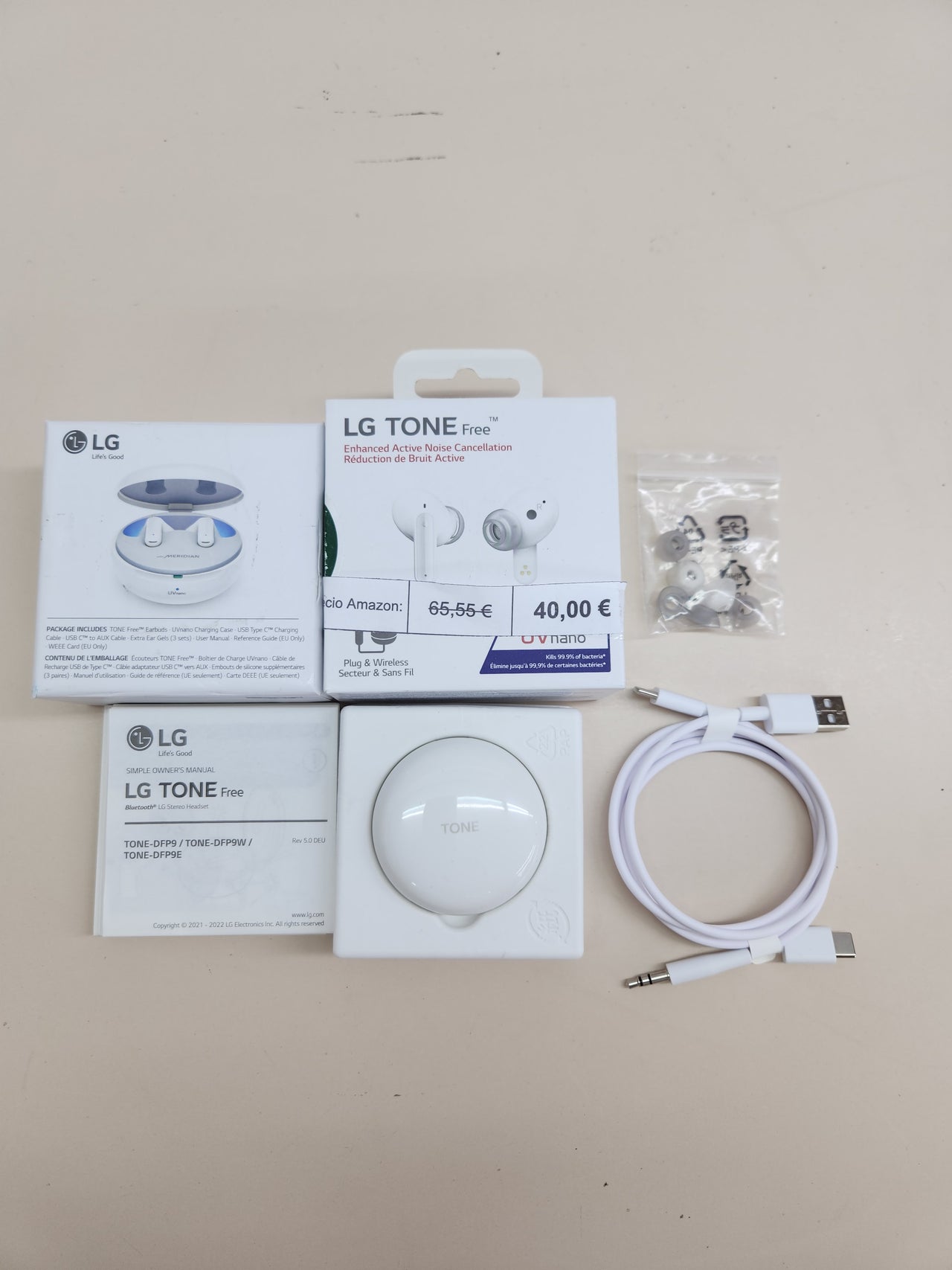 Auriculares Intraurales Bluetooth, ANC Cancelación Tone Free Fit DFP9 con Sistema Meridian,  LG Electronics  Activa de Ruido, Compatible con Siri y el Asistente de Google, Blanco, Pequeño