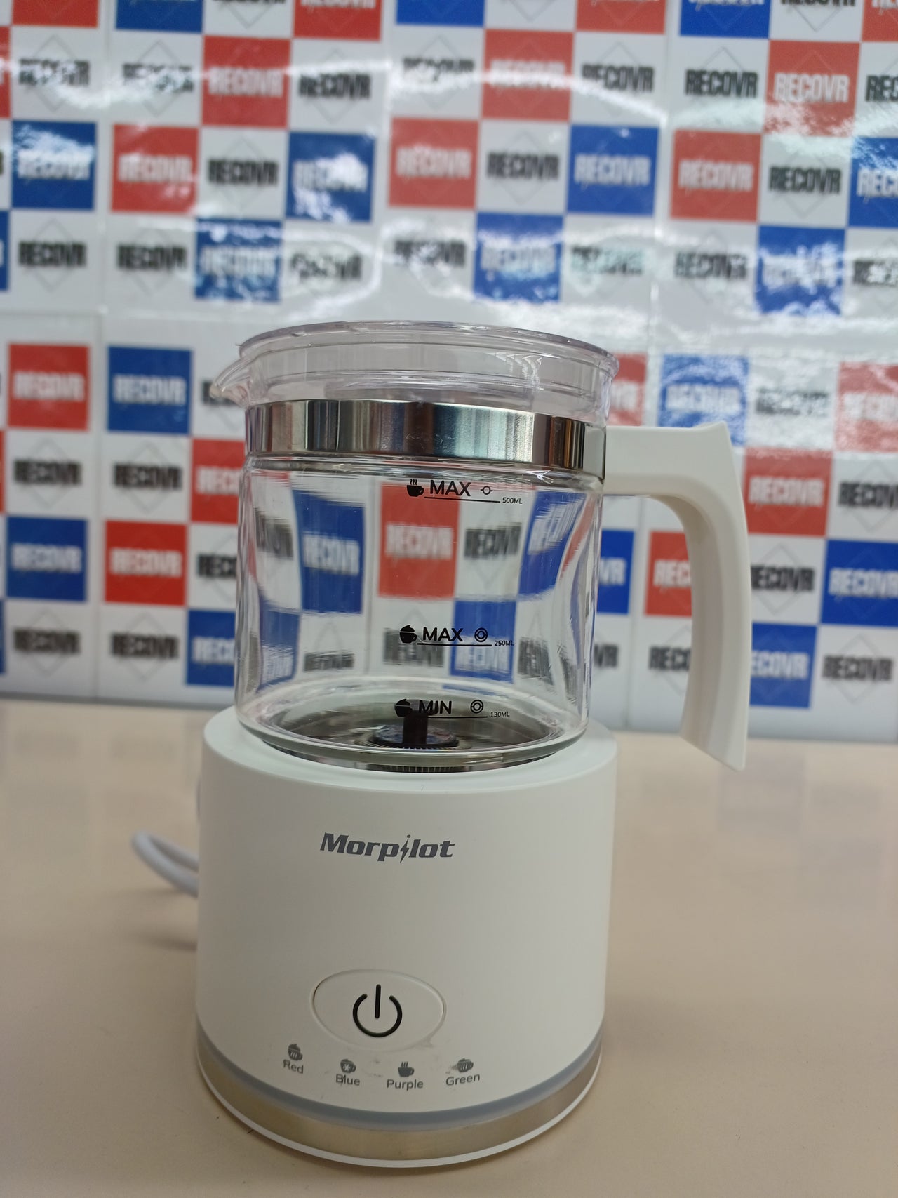 Morpilot Espumador de leche eléctrico, Milk Frother de cristal, bonito para ver, 4 en 1 función, capacidad 250 ml capuchino o 300 ml leche caliente, diseño dividido, blanco