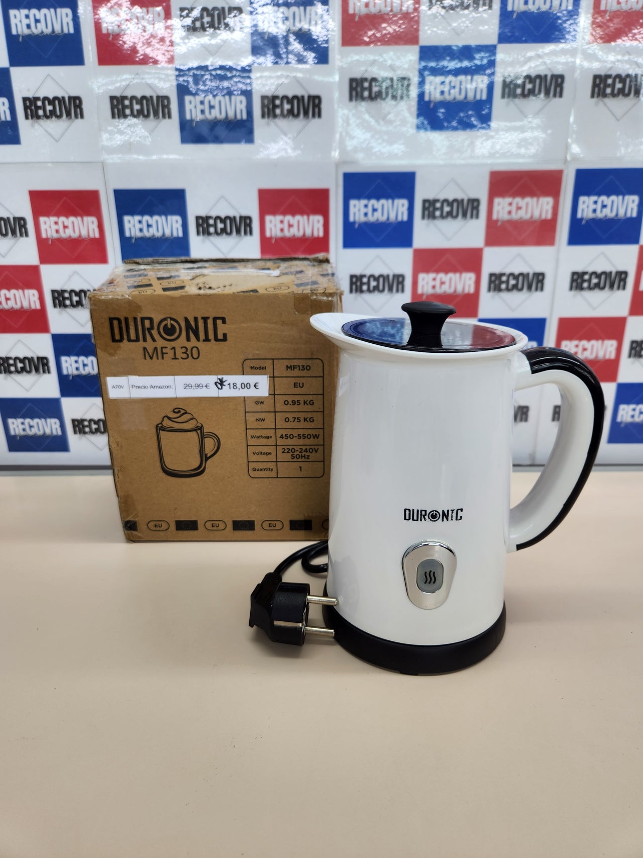 Duronic MF130 Espumador de leche - Prepara espuma Caliente o Fría, 550W, Base Inalámbrica 360°, Capacidad de 130 ml para espumar y 240 ml para calentar, Seguro y Fácil de Limpiar
