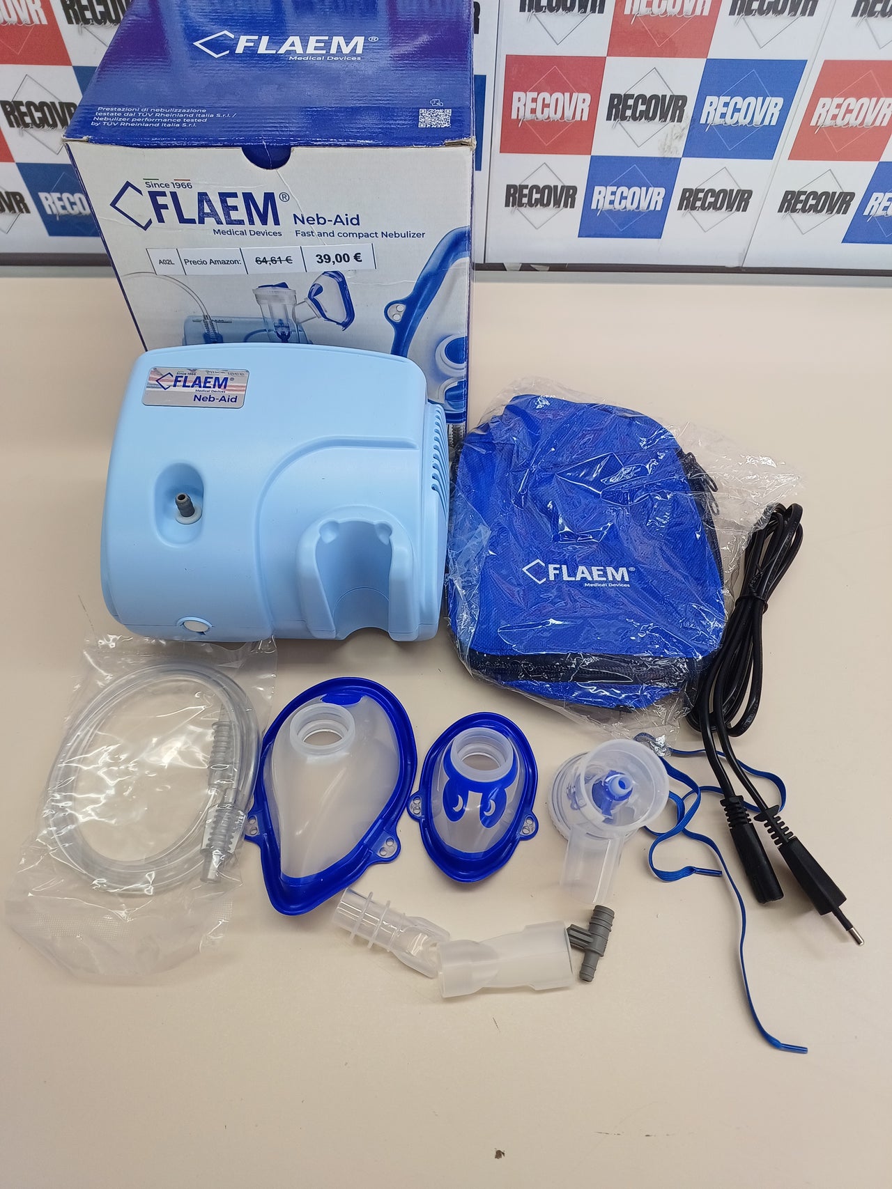 Flaem, Neb-Aid, Nebulizador Portátil, Rápido y Compacto para Vías Respiratorias Bajas, Máquina Nebulizadora para Adultos y Niños Certificada con Mascarillas Blanda y Filtro de Aire, Hecho en Italia
