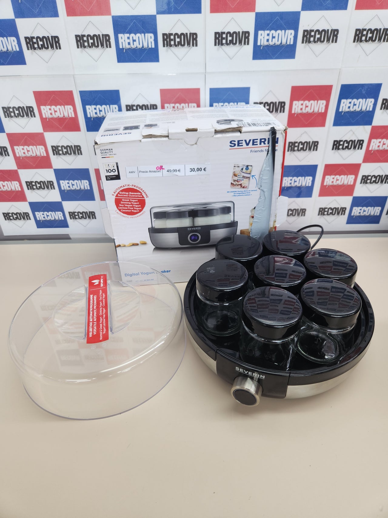 Yogurtera digital 7 tarros, mini yogurtera con 5 programas automáticos incluidos para hacer yogur casero, sin BPA, acero inoxidable cepillado/negro, JG 3521 SEVERIN
