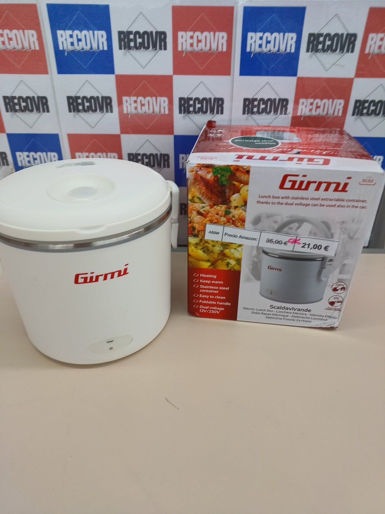Calentador de alimentos eléctrico Girmi SC02 "Vivandiere 2 en 1", recipiente de acero inoxidable de 0,7 L, doble voltaje: 12 V - 230 V, 36 W, color blanco