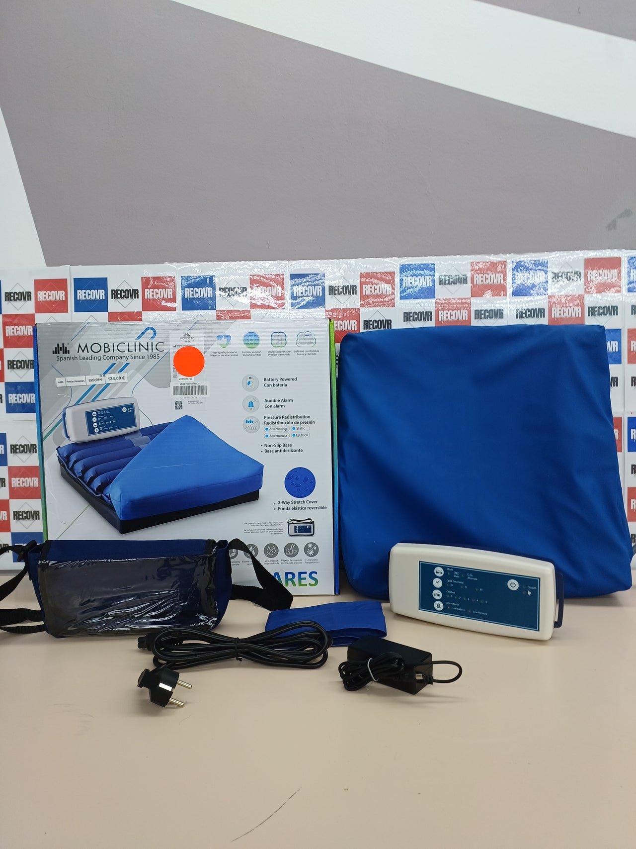 Mobiclinic Pro, Cojín antiescaras, De Aire, Ares, Marca española, con compresor Regulable, Alternancia Celdas, Funda Impermeable, Silla Oficina, Lumbar, para Ruedas, Azul