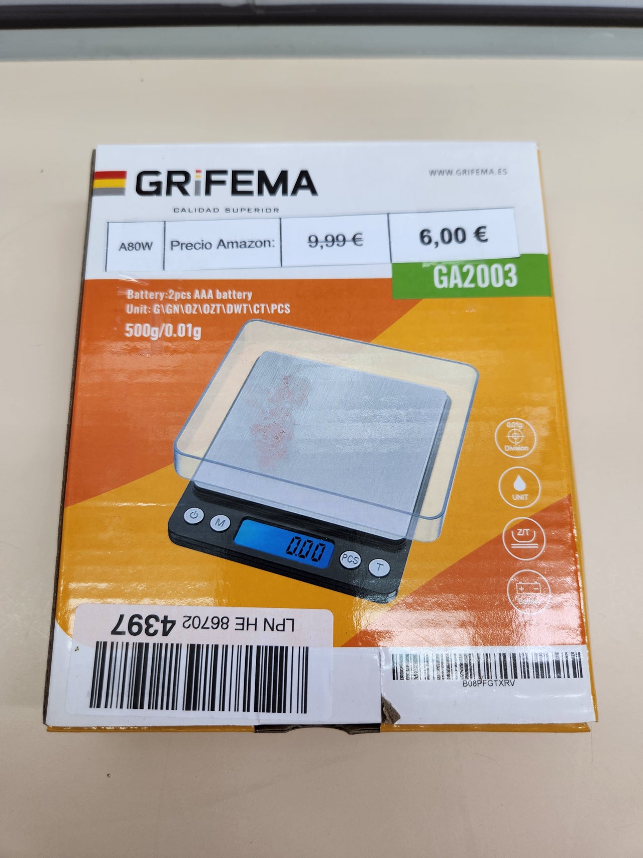 Báscula De Cocina 0,01-500g Acero Inoxidable GRIFEMA - Con Pantalla LCD, Digital, Balanza Con Tapa, Acero Inoxidable (Exclusivo En Amazon), 0.01 - 500 g