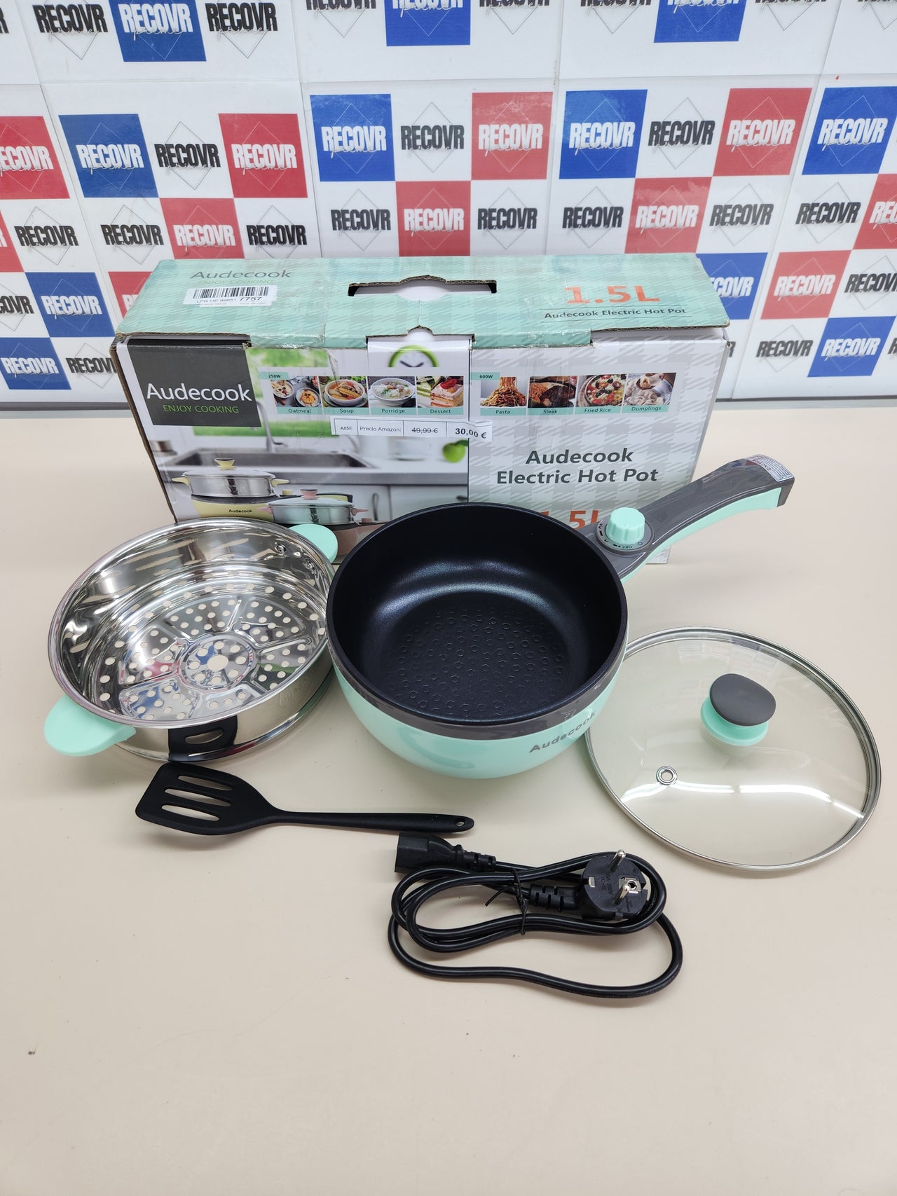 Audecook Olla eléctrica con vaporera, 20cm sartén eléctrica antiadherente, cazuela eléctrica pequeña para viajes, hotel, estudio - Verde