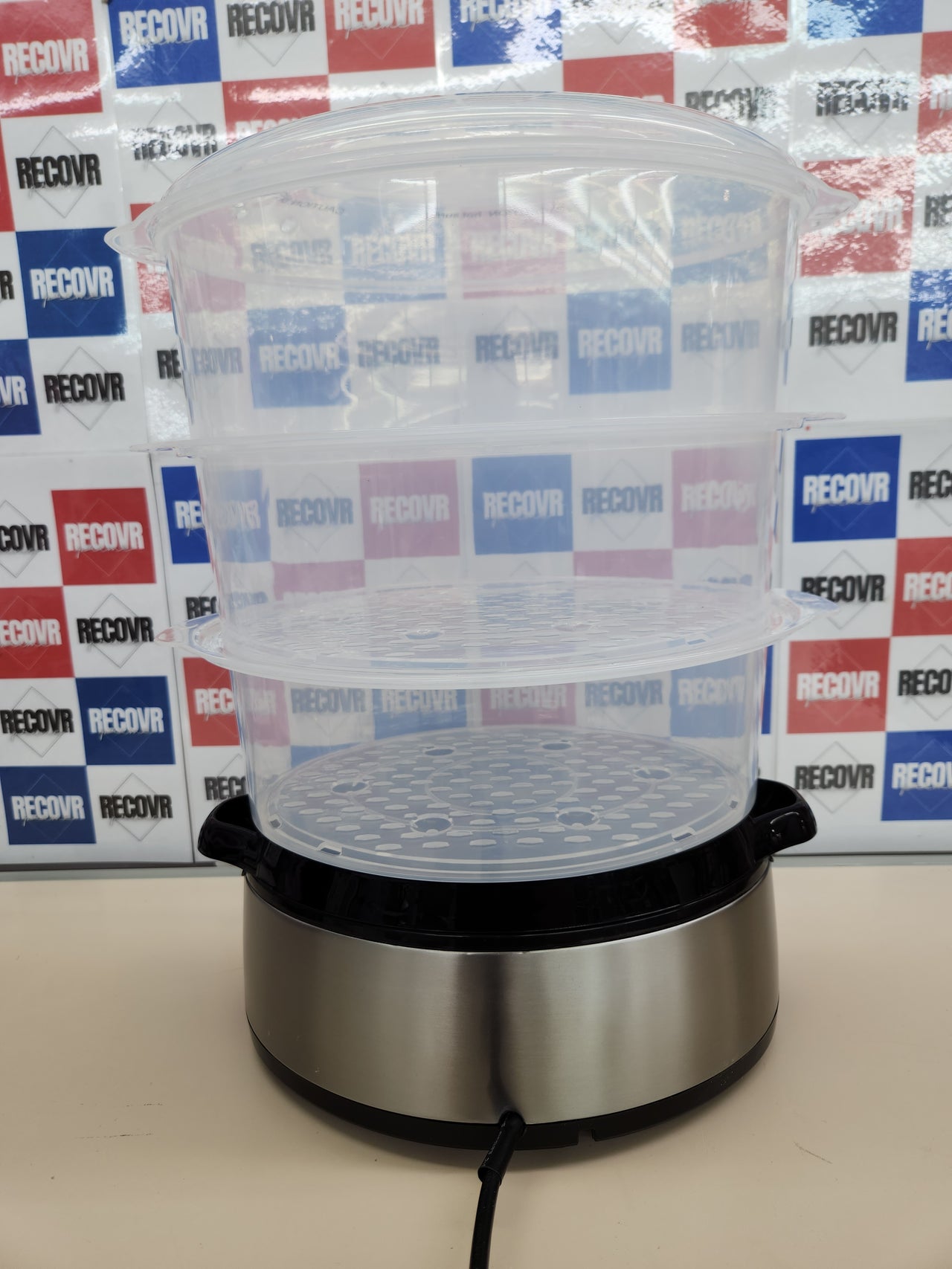 Vaporera 800 W, 60 minutos temporizador, eléctrica Vapovita 3000 Inox, 3 recipientes Independientes, Cuenco para Preparar arroz, Soportes para cocer Huevos, 2 entradas Laterales de Agua, Gris,  Cecotec
