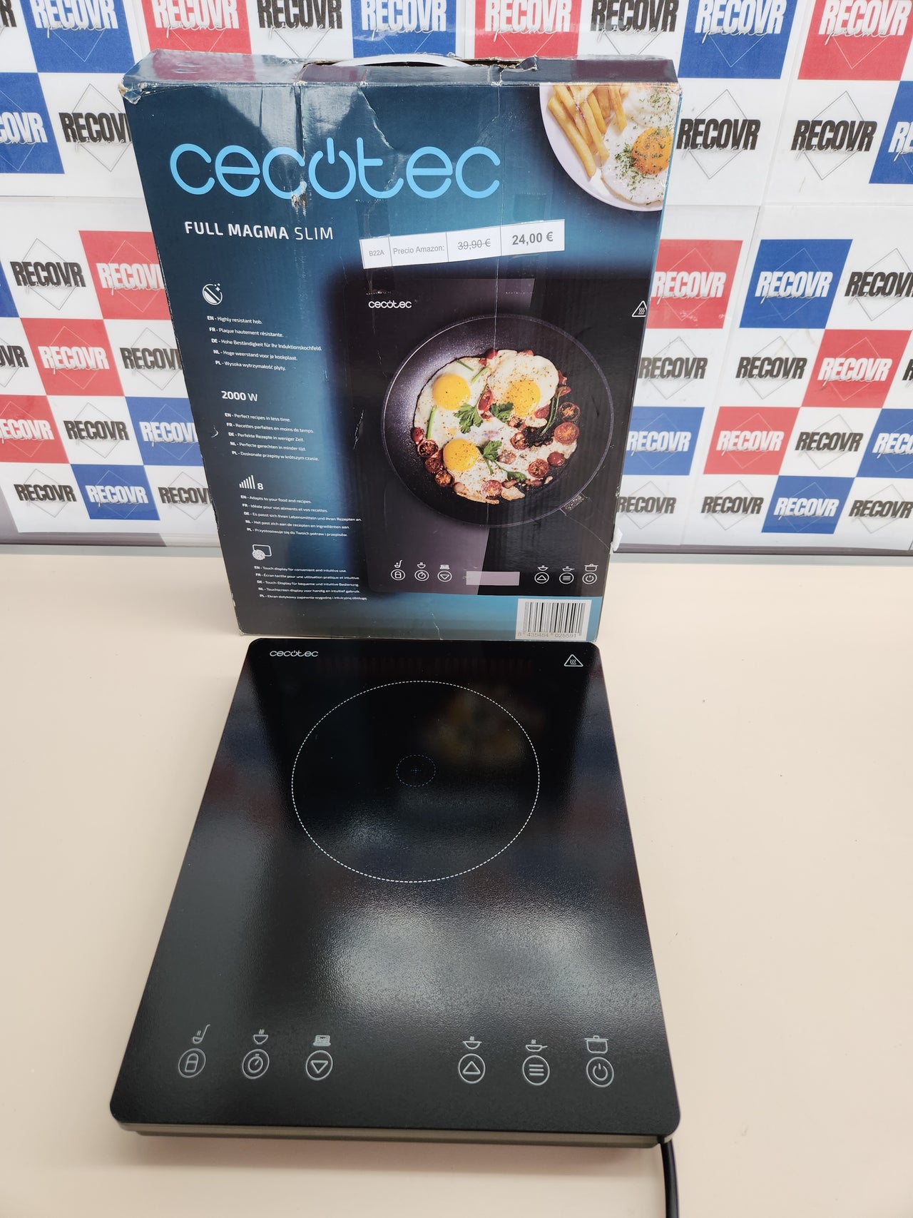 Placa Inducción 2000W, 1 Fuego Full Magma Slim.  8 Niveles, Diseño en Cristal de Alta Resistencia, Display Táctil, Temporizador, Fácil Limpieza Cecotec