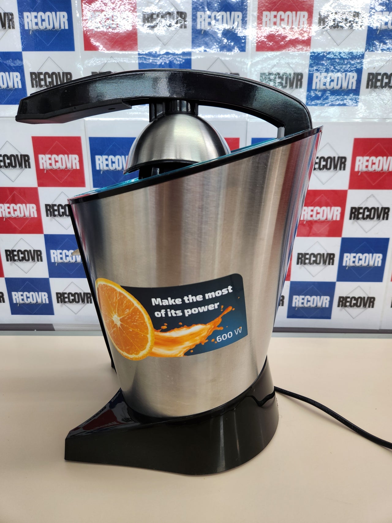 Exprimidor 600W eléctrico de brazo EssentialVita Hyden 600 Steel.Filtro de acero inoxidable, 2 Conos desmontables, Palanca de presión, Sistema antigoteo, Apto lavavajillas Cecotec
