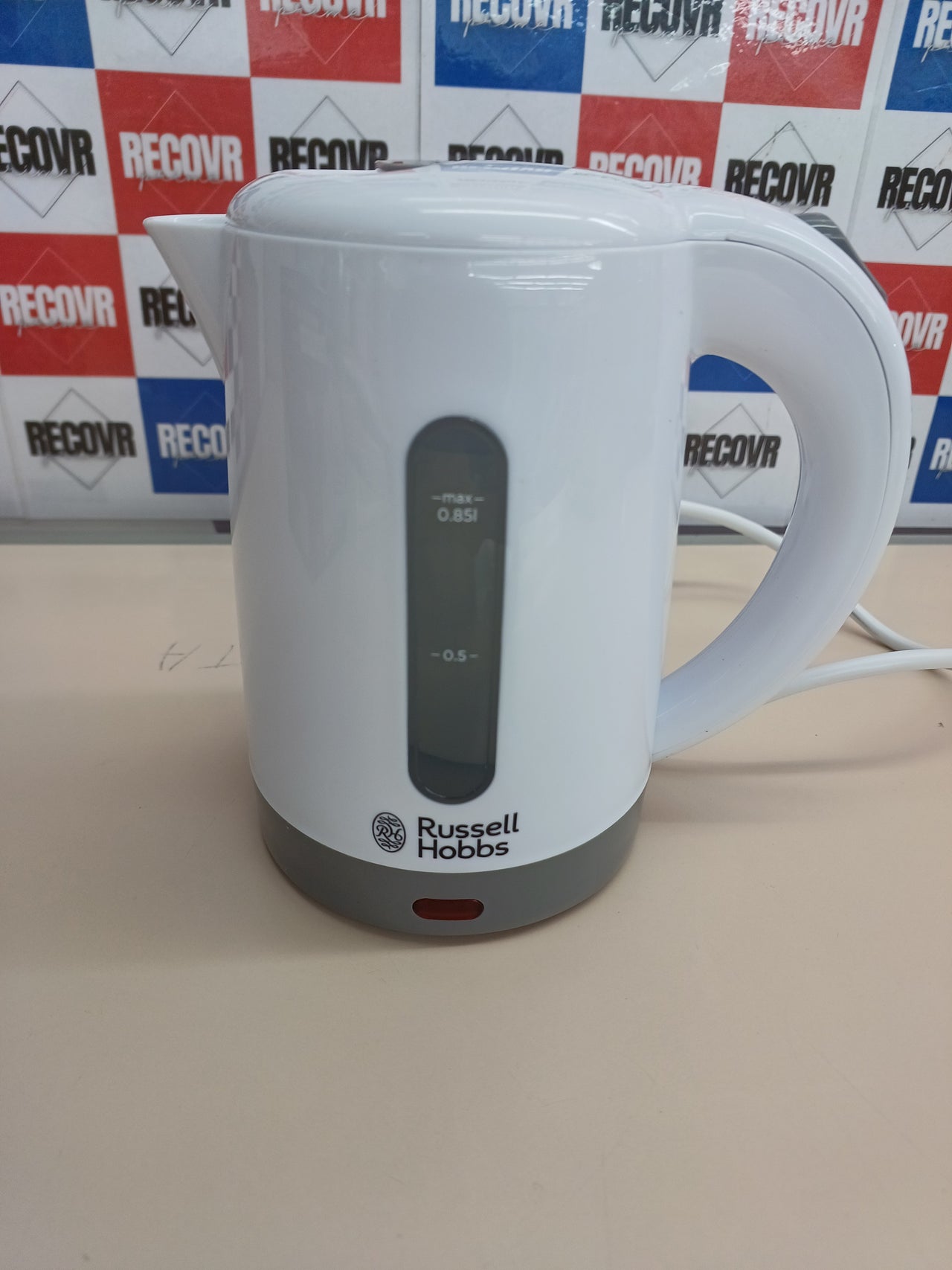Hervidor Agua Eléctrico Travel  0,85 litros, 1000 W, Hervidor Viaje, 2 Tazas y Cucharas, Filtro Extraíble, Indicador Nivel Agua, Plástico, Russell Hobbs.